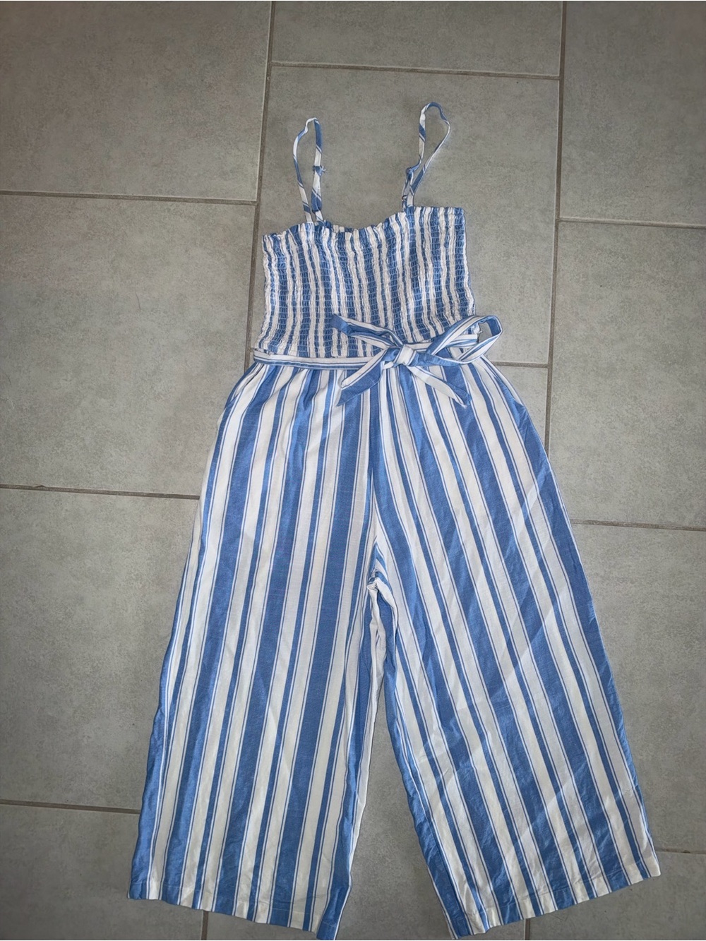 NWOT- LOFT Striped Blue & White Wide-Leg Jumpsuit with Tie Waist